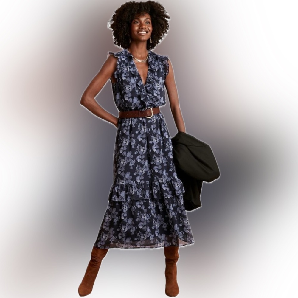 Banana Republic Navy Blue Floral Ruffle Chiffon Maxi Dress